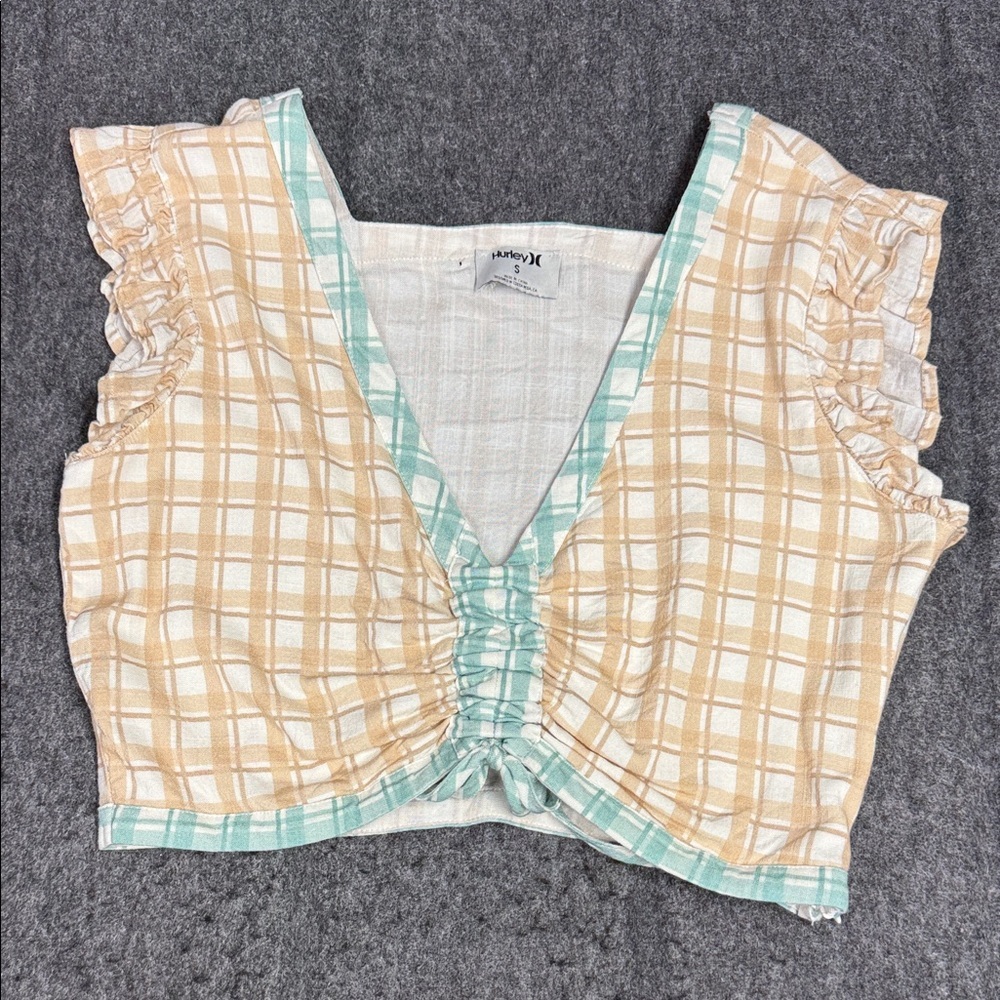 Hurley Plaid Crop Top with Ruffle Sleeves